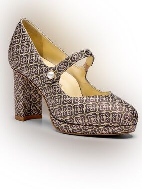 NIB Sarah Flint Plum & Gold Floral Jacquard Mary Jane Pumps - Size IT 39, US 8.5